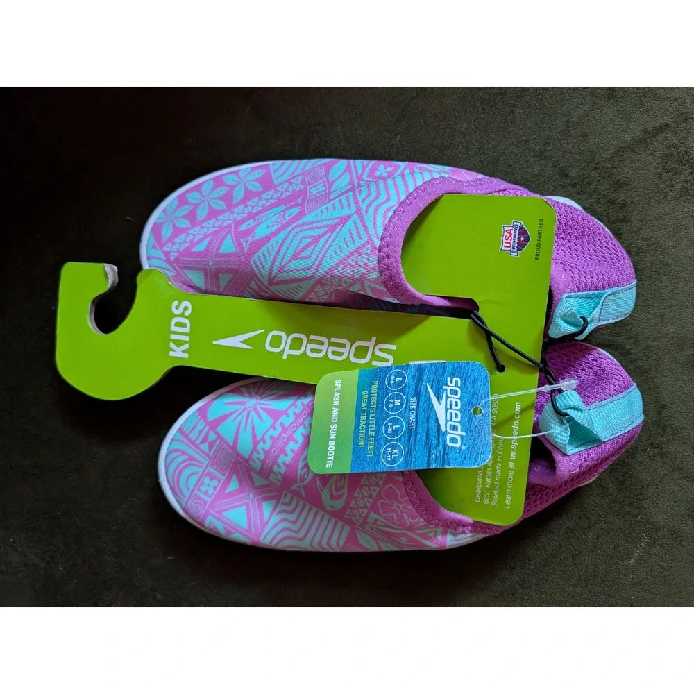 Speedo Kids Splash‎ and Sun Bootie Water Shoes Pink Teal Tribal Print  XL 11-12